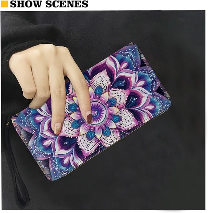Bulopur Boho Mandala Womens Wallet Wristlet PU Leather Purple Floral Clutch Purses for Ladies Waterproof Phone Holder Zip Around