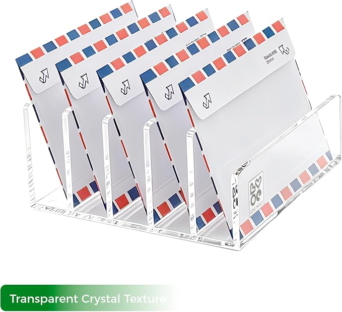Lovemolly 5-Slot Clear Acrylic Mail Holder – Vertical Letter Sorter & Desk Organizer for Bills, Envelopes & Notebooks, Compact 6.88 x 6.69 x 3.93 in