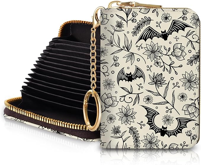 Blusabaca Goth Bat Credit Card Holder for Women, Gothic Floral Small RFID Wallet with Zipper, Card Keychain Wallet, Leather Wallet Card Case, Business Accordion Wallet Gift