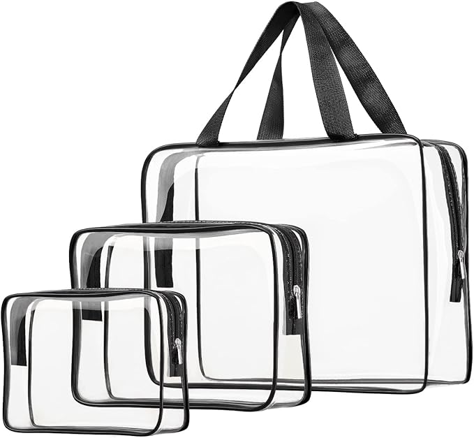 3pcs Clear Cosmetic Bags, TSA Approved Toiletry Bag Set Crystal Clear Travel Beach Essentials Bag Organization PVC, Clear Makeup Bags Luggage Pouch Carry on Airport Airline Compliant Bag Women Men