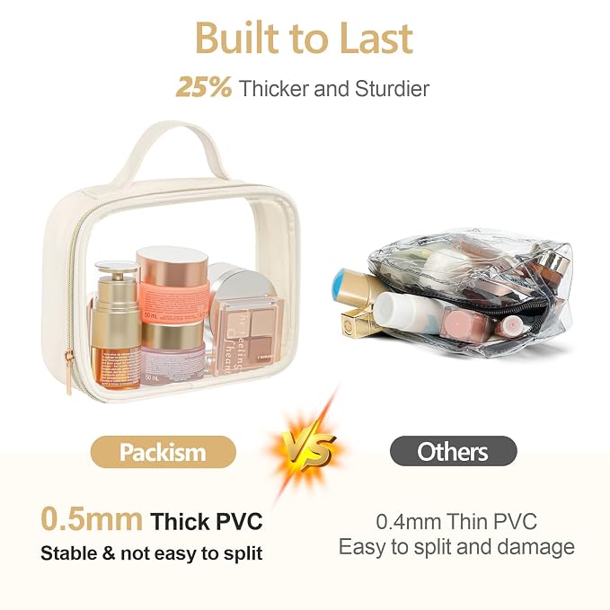 PACKISM Clear Makeup Bag Combo Pack, 1 TSA Approved Medium & Large for Checked Luggage, Clear Toiletry Bag with Handle, Water-resistant Travel Essentials Organizer, Creamy Off-White