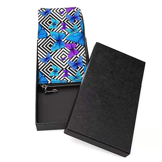 Unisex Zip Around Wallet for Adults Teens Blue Butterfly On Black Geometric Pattern Coin Pouch Cash Pocket PU Leather Wallets Card Holder Organizer Designer Purse with Wristlet Strap