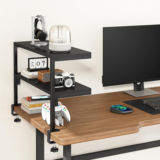 IBUYKE Clamp on Desk Shelf, 22.8” Large Desk Extender Shelves,Tool-Free Flexible Repositioning and Adjustable 2-Tier Storage Shelves for Desktop Accessories Below Desk TMZ010B