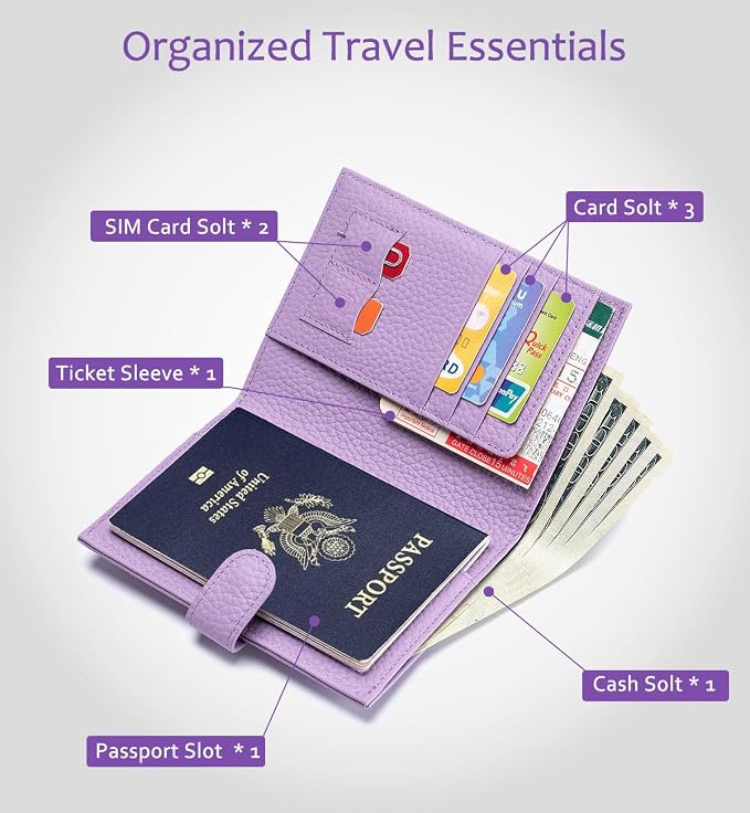 RFID Passport Wallet for Women, Genuine Leather Travel Holder | Slim Passport Holder with RFID Protection, Dedicated Storage for Cards, Coins and Travel Essentials, Gift Ready (Lavender)