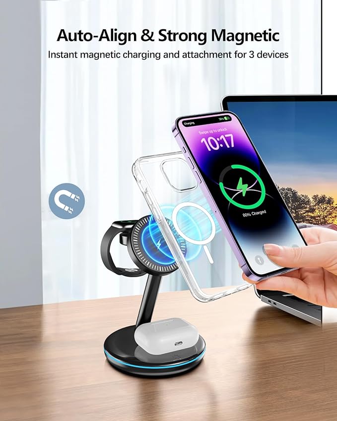 3 in 1 Charging Station for Apple Devices 18W Fast Mag-Safe Charger Stand Magnetic Wireless Charger Station for iPhone 17 16 15 14 13 12 Pro/Pro Max/Plus/Mini AirPods 2/3/Pro iWatch Ultra 2-8 Serials