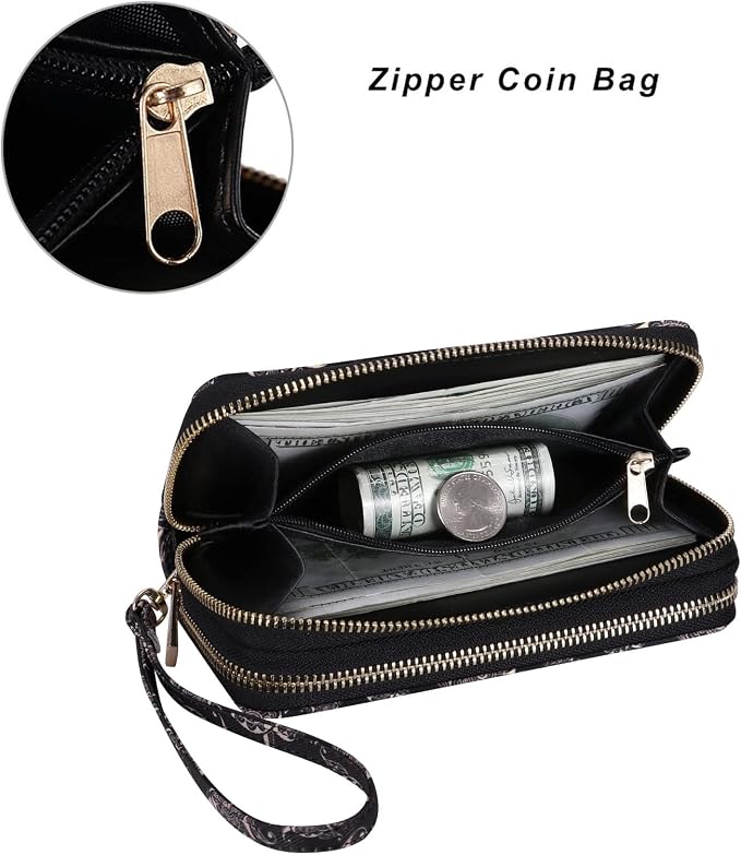 Cellphone Wallet for Women Dual Zipper Long Purse with Removable Wristlet