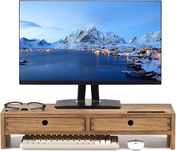 KIRIGEN Wood Monitor Stand with 2 Drawers, Solid Wood Computer Monitor Riser for Desk, Desktop Organizer Shelf with Cable Management, Pen Slots, Brown, No Assembly PMJ-DBR