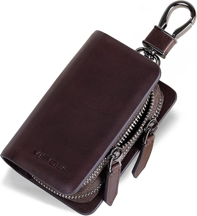 VISOUL Car Key Case Holder Double Zipper, Leather Car Smart Key Fob Case with Keychain for Men and Women