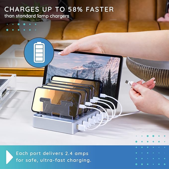 Charging Station for Multiple Devices, 6-Port USB Fast Charger with 6 Mixed Cables, Multi-Device Charging Dock for iPhone, iPad, Android Phones, Tablets, Kindle (Silver, Desktop & Wall Mount)