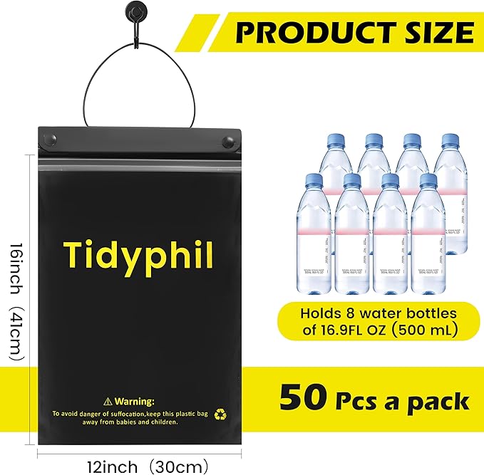 50 PCS Disposable Car Trash Bags Hanging, Leak-proof, Odor Seal. 2 Gallon Car Garbage Bags, Big Capacity. Independent of Car Trash Can, Easy Stick-On Car trash Bin for Car, SUV, Truck, Stroller. Black