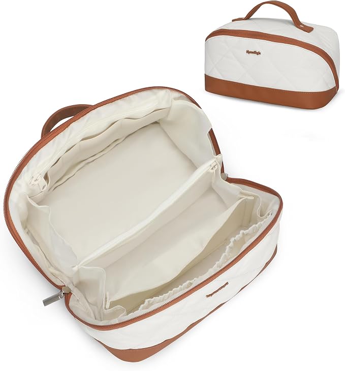 Hynes Eagle Travel Makeup Bag for Women Puffy Cosmetic Organizer Pouch Open Flat Toiletry Bag for Toiletries Brushes Structured Base White
