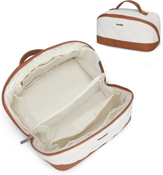 Hynes Eagle Travel Makeup Bag for Women Puffy Cosmetic Organizer Pouch Open Flat Toiletry Bag for Toiletries Brushes Structured Base White