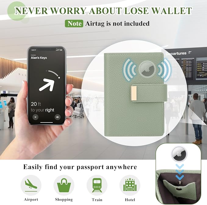 BKNOOU RFID Blocking Passport Holder with Airtag Slot- Leather Travel Passport Wallet for Women & Men, Slim Bifold Travel Passport Holder Holds Cards & Tickets & Cash (Green)