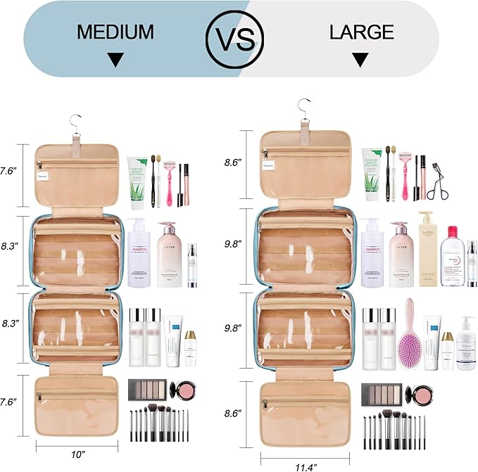 COOSKY Travel Hanging Toiletry Bag for Women, Cruise Ship Essentials, with Jewelry Organizer, Extra Large Makeup Dopp Kit, Waterproof Cosmetic Bags, Toiletries Kit Set with Trolley Belt, Sky Blue