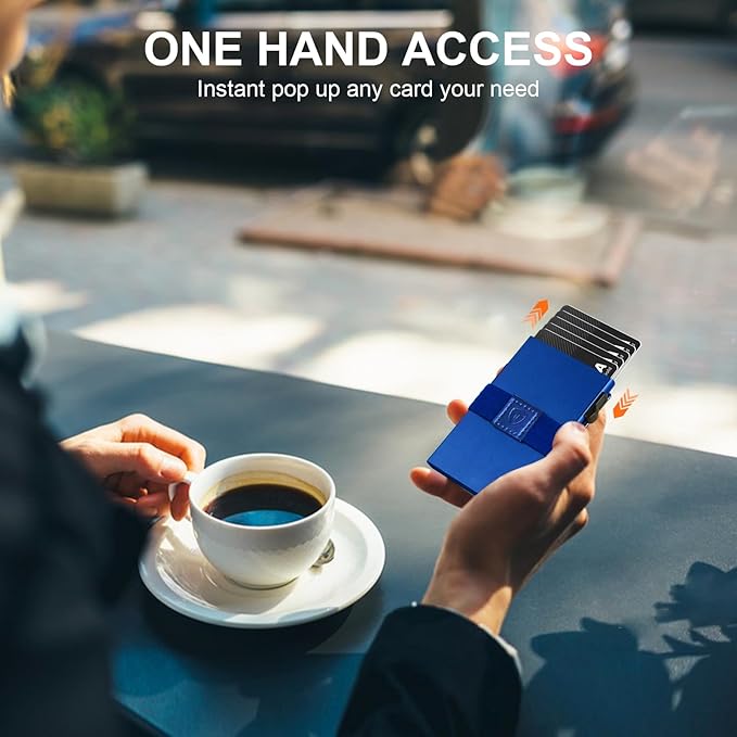 TOYFID Slim Wallet for Men Aluminum Minimalist Pop Up Card Holder with RFID Blocking Protection Expandable Backplate Cash Band for Boyfriend/Dad/Friend,Holds 12+ Credit Card & Business Cards,Blue