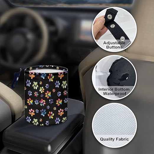 Colorful Paws Car Rubbish Bag Can Reusable Hanging Auto Garbage Organization Can Bin with Adjustable Strap for Camping