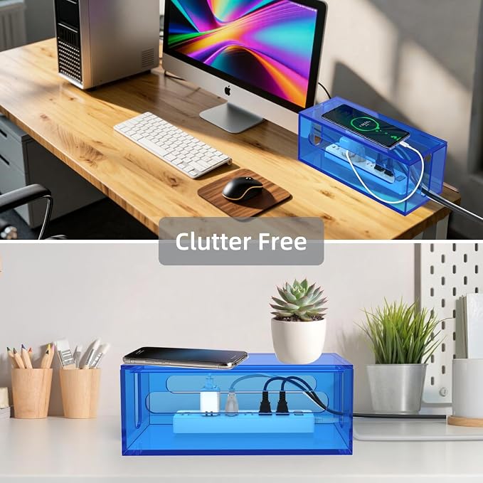 Cable Management Box Acrylic Cord Organizer Box Power Strip Storage Box to Hide Wires, Blue