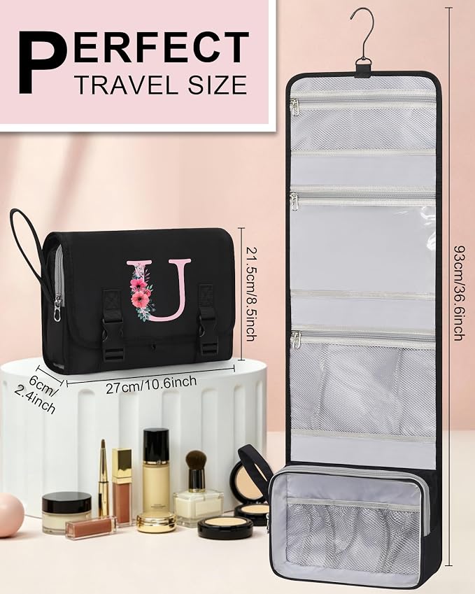 Relavel Hanging Toiletry Bag for Women, Initial Makeup Bag with Hanging Hook, Personalized Travel Organizer with Compartments for Full-Sized Toiletries, Birthday Gifts for Teen - Black U