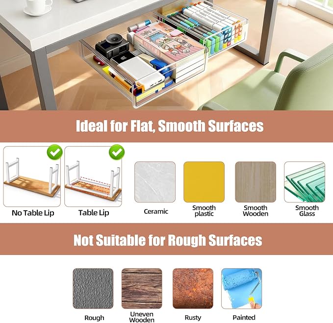 2-Pack Under Desk Drawer for Desk with Frame & Beam, Fits Where Standard Drawers Can't, 52mm Heightened Slide Out Organizer, Dual Adhesive or Screw Mount, Clear PET Under Table Storage