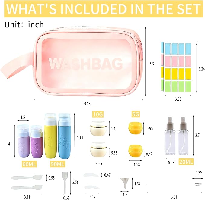 Travel Cosmetic Case Toiletry Bag with Zipper Refillable Silicone Kit Toiletry Bottles、Squeeze Toiletry Bottles Leakproof Accessories for Toiletries Shampoo Lotion Body Wash (BPA Free)