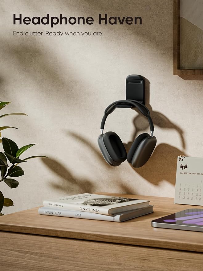 MAMUVIMO Headphone Stand, Headset Stand Foldable ＆ Sticky, Headphone Holder Hook Mount with Non-Slip Silicone, Adhesive Earphone Desk Hanger Clip Space-Saving for Airpods Max, All Earphones- Black