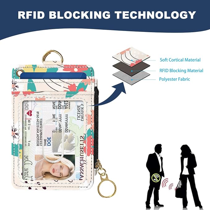 Slim Wallet Credit Card Holder, Pink and green flowers, RFID Wallet Women Cute Small Front Pocket Wallet With Zipper, PU Leather Thin travel RFID Blocking Card Case ID Window,Ladies Gifts