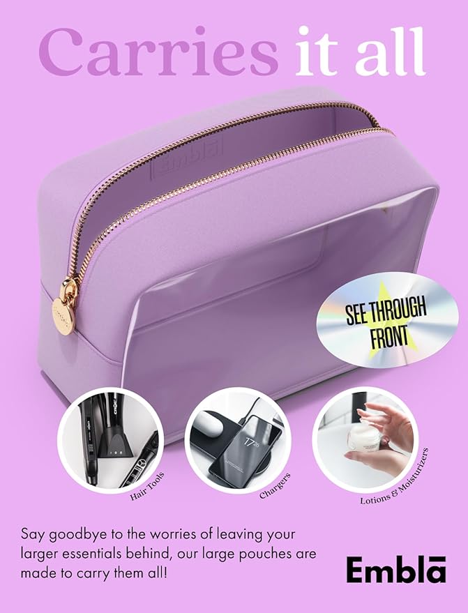 Embla Clear Large Makeup Bag Cute Big Make Up Nylon Pouches Travel Bathroom Bags for Toiletries XL Cosmetic Pouch for Women Girls Extra Large Zipper Toiletry Skincare Organizer Purple