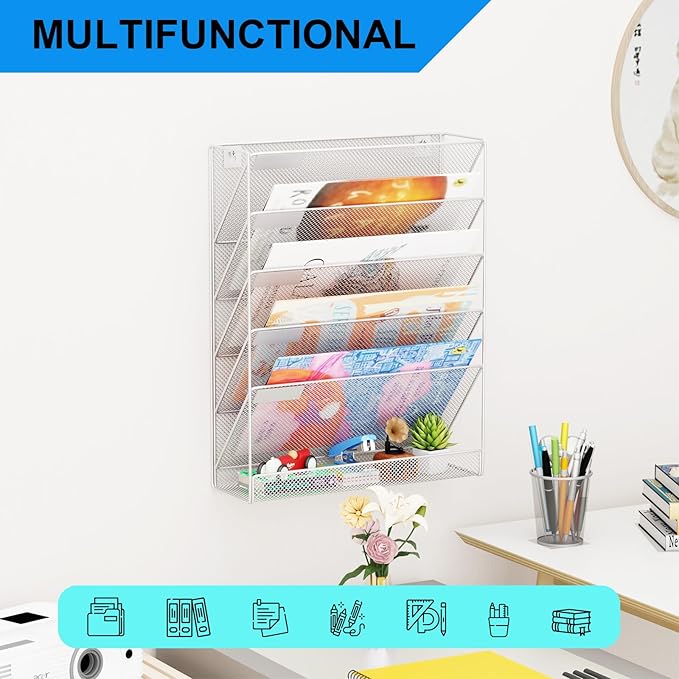 Wall File Organizer Holder Mesh Hanging Paper Document Holder, Vertical 6 Pocket Tier for Office Home, Silver