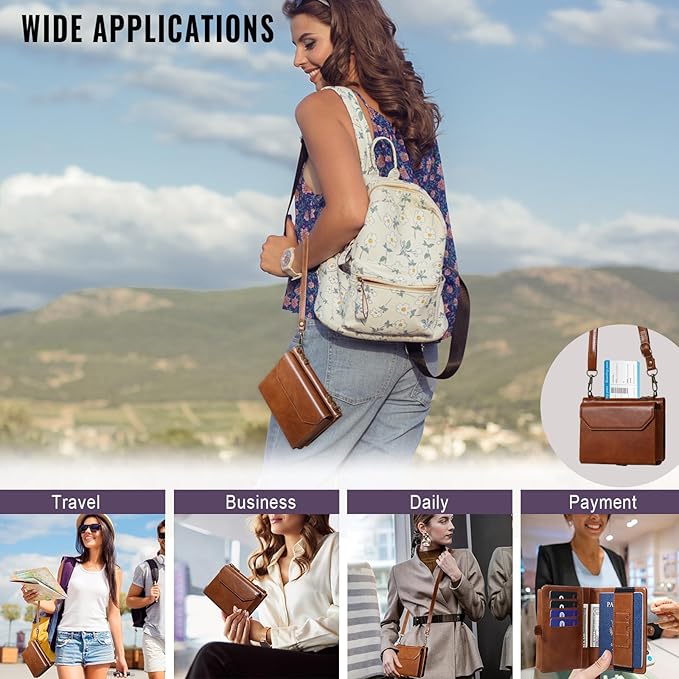 ASAPDOS RFID Blocking Family Passport Holder Wallet,Hold 2-3 Passports for Travel with Credit Card Slots & Wrist Crossbody Strap Brown