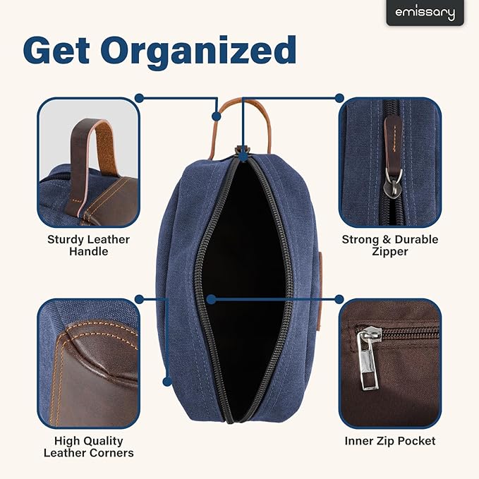 emissary Men's Toiletry Bag, Leather and Canvas Travel Toiletry Bag, Dopp Kit for Men, Travel Bathroom Bag Men's Shaving Kit, Travel Kit Small Bags for Men, Shaving Bag for Travel Accessories (Blue) | Durable canvas & PU leather, water-resistant lining...