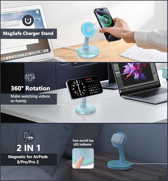 Magnetic Wireless Charger Stand 15W Fast Magnetic Charger for iPhone 17 /17 pro/ 17 Air/ 17 pro max 16/15/14/13/12 Series Magnet Wireless Charging Station/Pad with Sleep-Friendly Light for AirPods