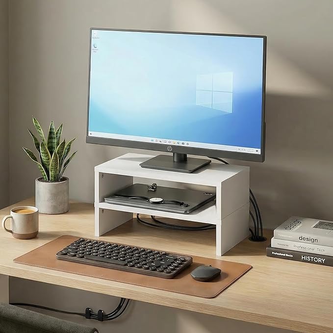 Furinno CLASSIC Monitor Stand Riser Set of 2, 15.7" Wide Dual Monitor Riser, Stackable Separable Laptop Stand for Desk, Desktop Organizers and Accessories, for Office Supplier, White
