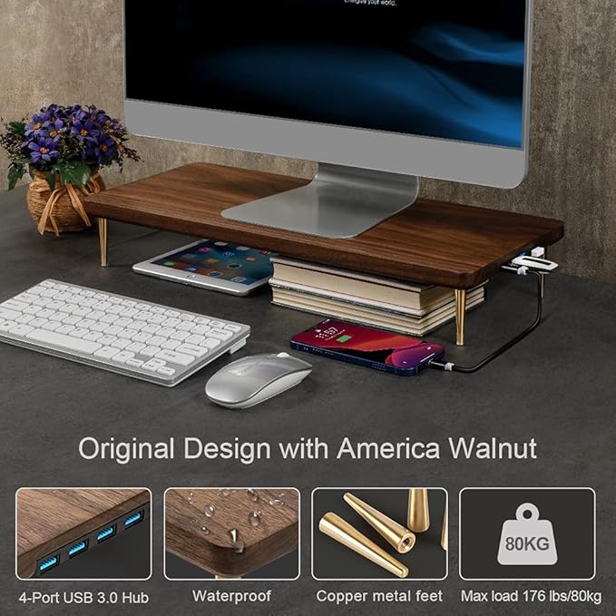 Monitor Stand with 4 USB Ports Walnut Wood Riser for iMac Laptop Computer Monitor ??A Sturdy Computer Stand to Elevate Your Screen and Reduce Eye Strain and Maintain Body Position