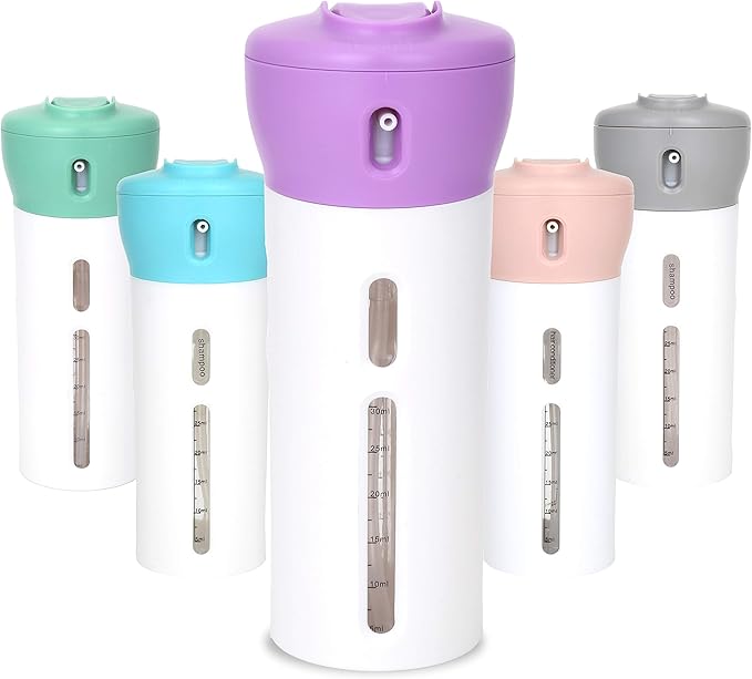 Travigo 4-in-1 Travel Dispenser Bottle, TSA Approved, Leak Proof, Four Reusable 1.4 oz. (40 mL) Toiletry Containers for Shampoo, Conditioner, Soap, Lotion, Skincare (Purple)