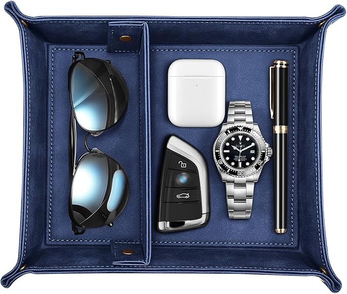 SITHON Valet Tray Desktop Storage Organizer, Removable 2 Compartments Catchall Tray Bedside Vanity Nightstand Caddy Holder Desk Storage Plate, Dark Blue