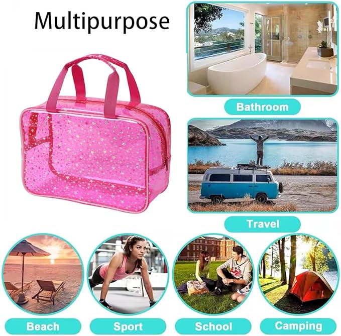 SxoSyo Clear Makeup Bags Large Toiletry Bag for Women Transparent Cosmetic Bag with Handle Travel Essential Bathroom Organizer (Pink Star)