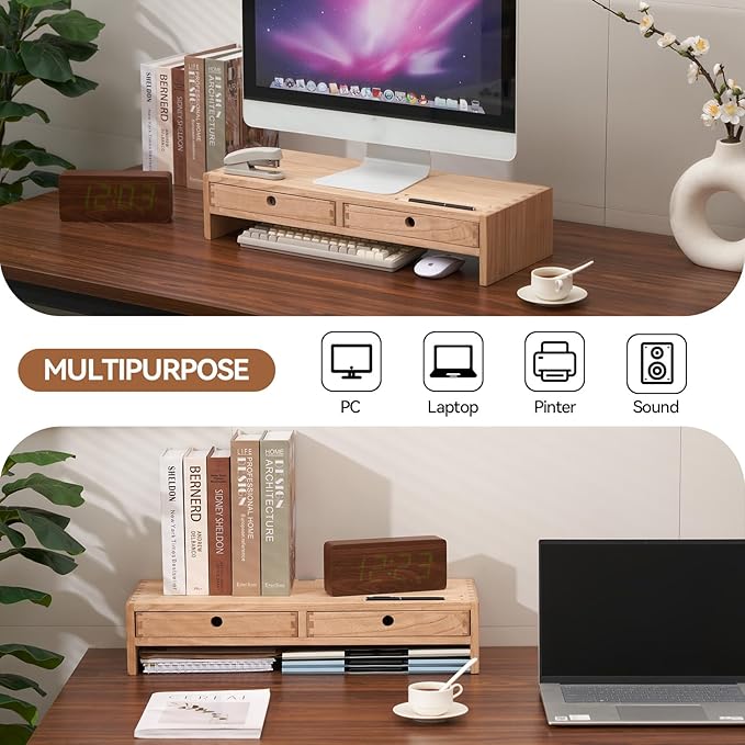 KIRIGEN Wood Monitor Stand with 2 Drawers, Solid Wood Computer Monitor Riser for Desk, Desktop Organizer Shelf with Cable Management, Pen Slots, Natural, No Assembly PMJ-NA
