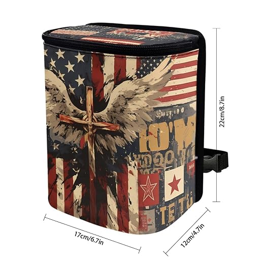 Biyejit American Flag Cross Car Trash Can with Lid - Leakproof Trash Bin Car Garbage Can, Collapsible Automotive Truck Organizer Storage Bag Cars Accessories for Women Men Road Trip Essentials