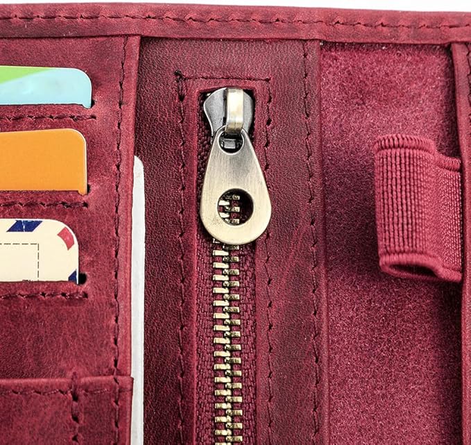 CONTACTS Full Grain Leather Passport Holder RFID Blocking Travel Passport Wallet Compatible with Airtag Passport Cover Case with 4 Cards Slots, Coin Pocket (Wine Red)