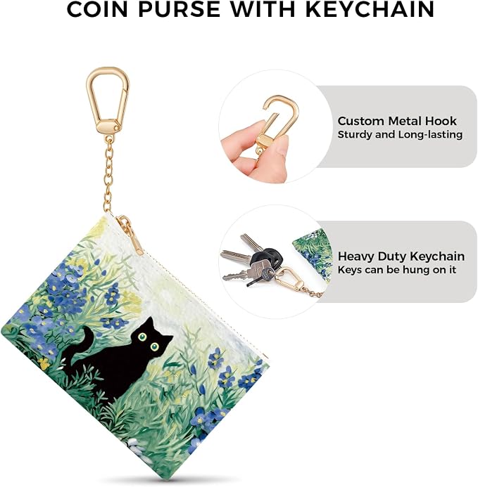 Black Cat Art Painting Keychain Coin Purse for Women, Small PU Leather Change Pouch, Zipper Little Tiny Travel Wallet for Girls, Cute Kawaii Zip Pocket Coin Holder with Key Ring