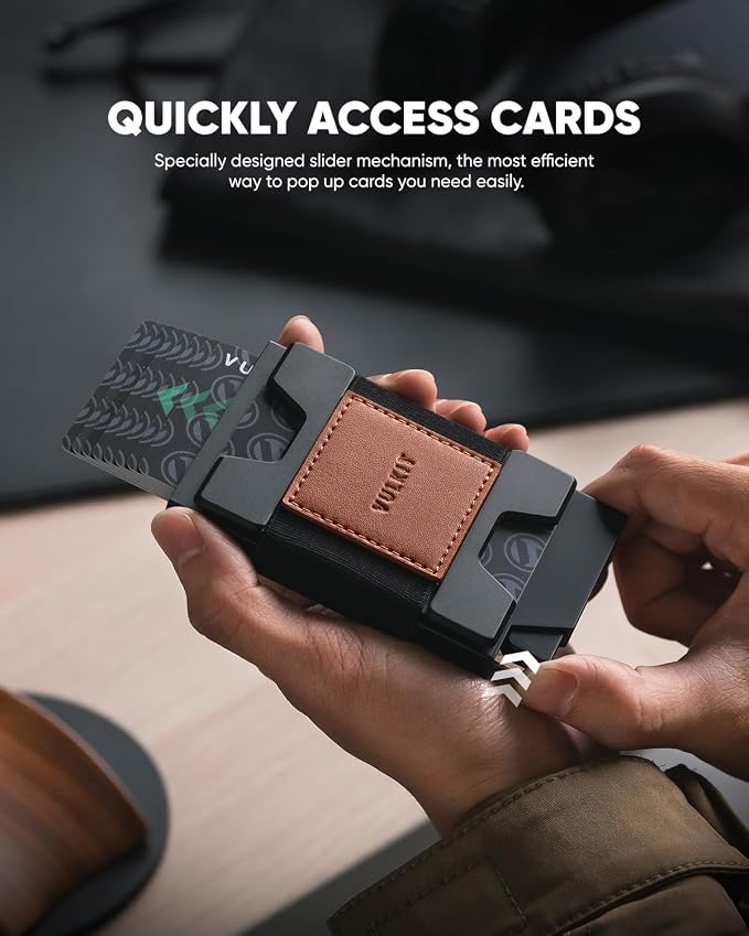 VULKIT Minimalist Pop Up Wallet RFID Blocking Aluminum Credit Card Holder with Expandable Backplate, Holds 12 Cards and Cash for Men and Women Brown