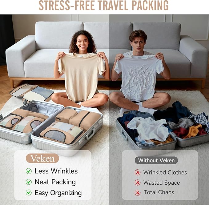 Veken 8 Set Packing Cubes for Travel Essentials, Suitcase Organizer Bags in 4 Sizes, Carry-On Luggage Accessories with Large Laundry & Hanging Toiletry Bag, Must-Have for Airplane, Road Trip & Camping