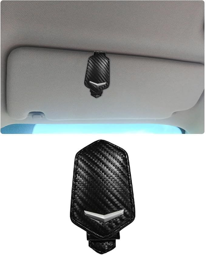 Dickno Sunglasses Holder for Car Sun Visor, Magnetic Leather Glasses Hanger Mounted with Ticket Card Clip, Universal Vehicle Interior Accessories for Different Size Eyeglasses (Carbon Fiber)