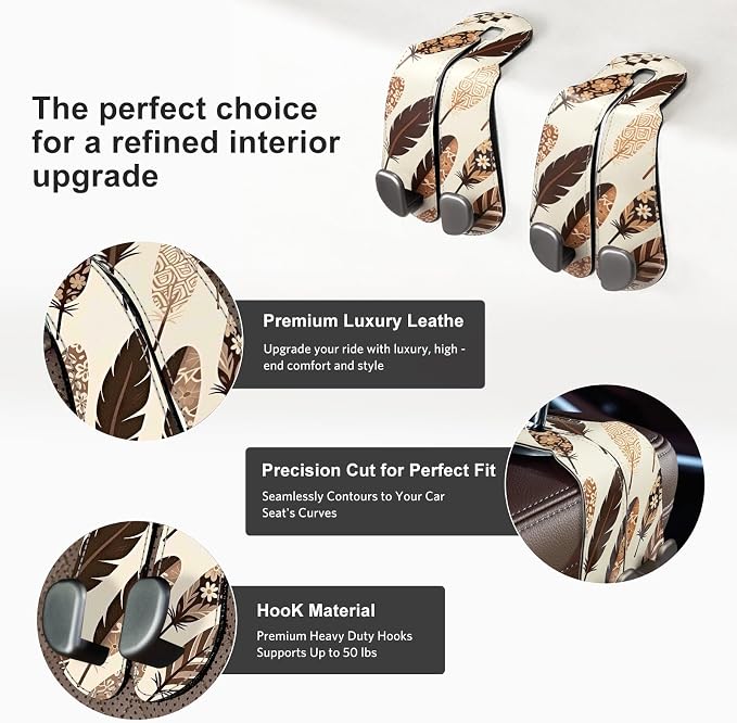CoBak Purse Hook for Car - Universal Premium Stitched Leather and Aluminum-Magnesium Alloy Double Car Seat Back Storage Hook for Purses, Handbags, Bags (2 Pack),Feather