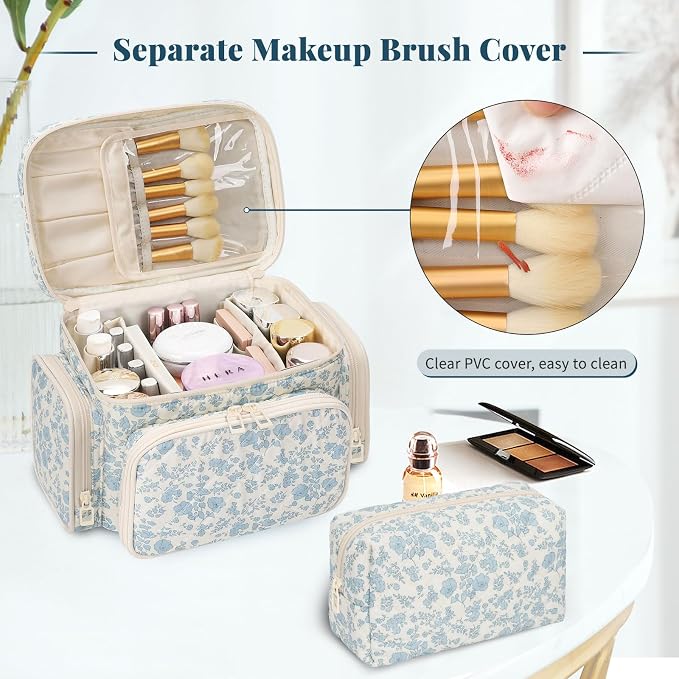Makeup Bag Set, Travel Makeup Bag Organizer for Women Cute Floral Cosmetic Pouch Large Capacity with Makeup Brush Compartment, Cosmetic Travel Bag with Divider and Handle Toiletry Bag - Floral