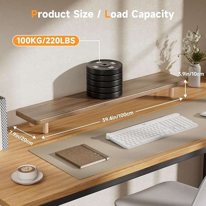 Dual Monitor Stand Riser, 39 Inch Extra Long Wooden Desktop Monitor Riser with Storage for 2 Monitors Ultra Strong Desk Shelf Organizer Riser Ergonomic for 2 Screens/Laptop/PC/TV/Printer (Light Walnut, 39inches)