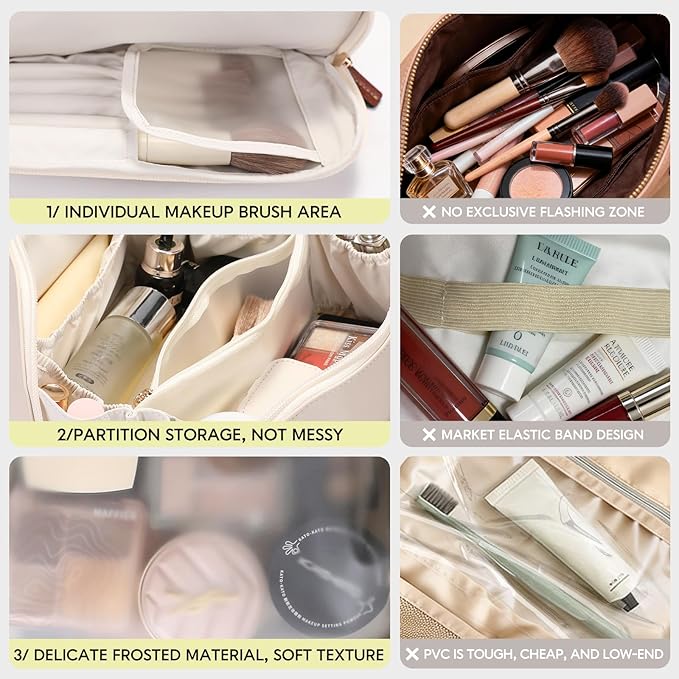 GIVLEFLY Makeup Bag for Women, Large Cosmetic Bag, Travel Toiletry Bag, Waterproof Nylon Organizer with Microfiber Leather, Flat Open for Skincare & Brushes