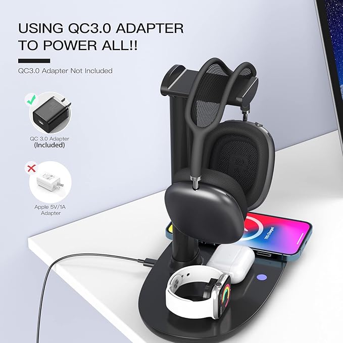 Headphone Stand with 15w Wireless Charger, Suguder 4 in 1 Charging Station Headset Holder for AirPods Max/Pro/4/3/2 iWatch 10/9/8/7/6/5/4/3/2/1/SE iPhone 17/16/15/14/13/12/11/X for Desktop Table Game