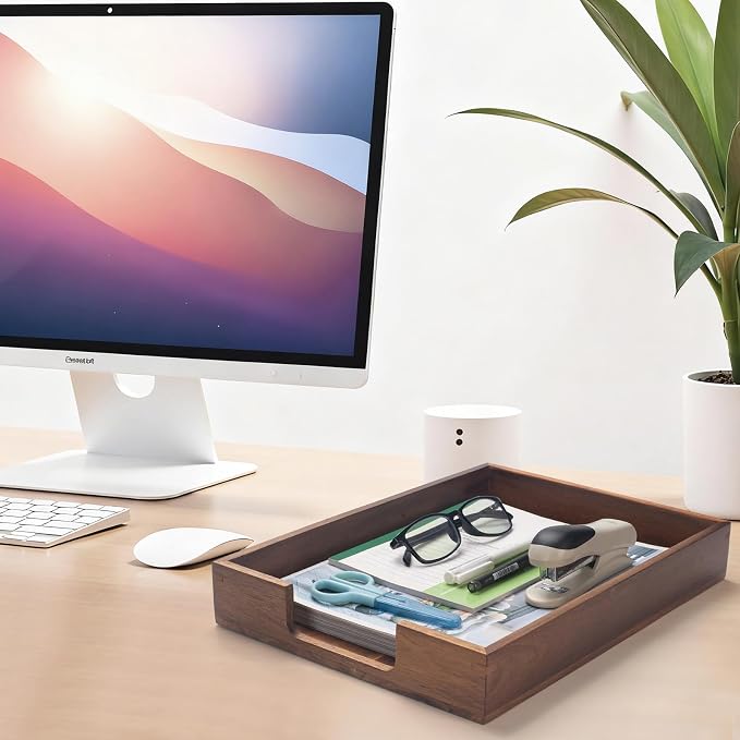 Wood Letter Tray, Acacia Wood Desk Tray, Wooden Desk Organizer, A4 Paper, Document, File, Mail, Magazine Storage Basket for Office, Classroom, Home Desktop