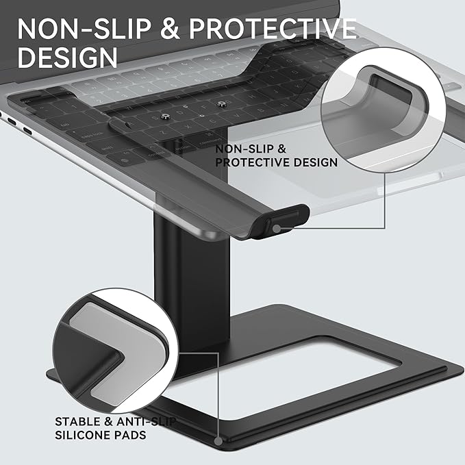 SOUNDANCE Adjustable Laptop Stand, Ergonomic Aluminum Riser for 10-17.3” Notebooks, Ventilated Metal Holder with Height Alignment for Desk Workspace, Black